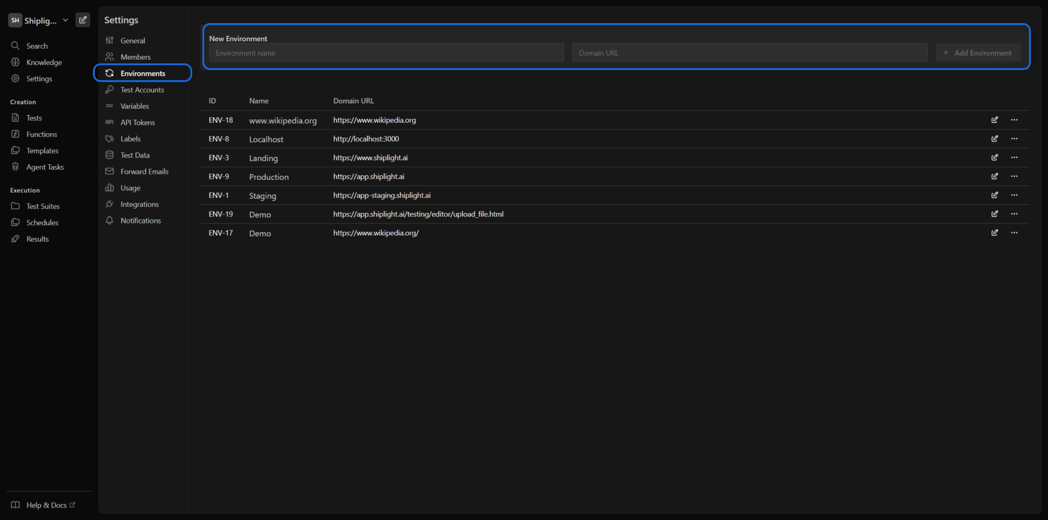 Environments Settings
