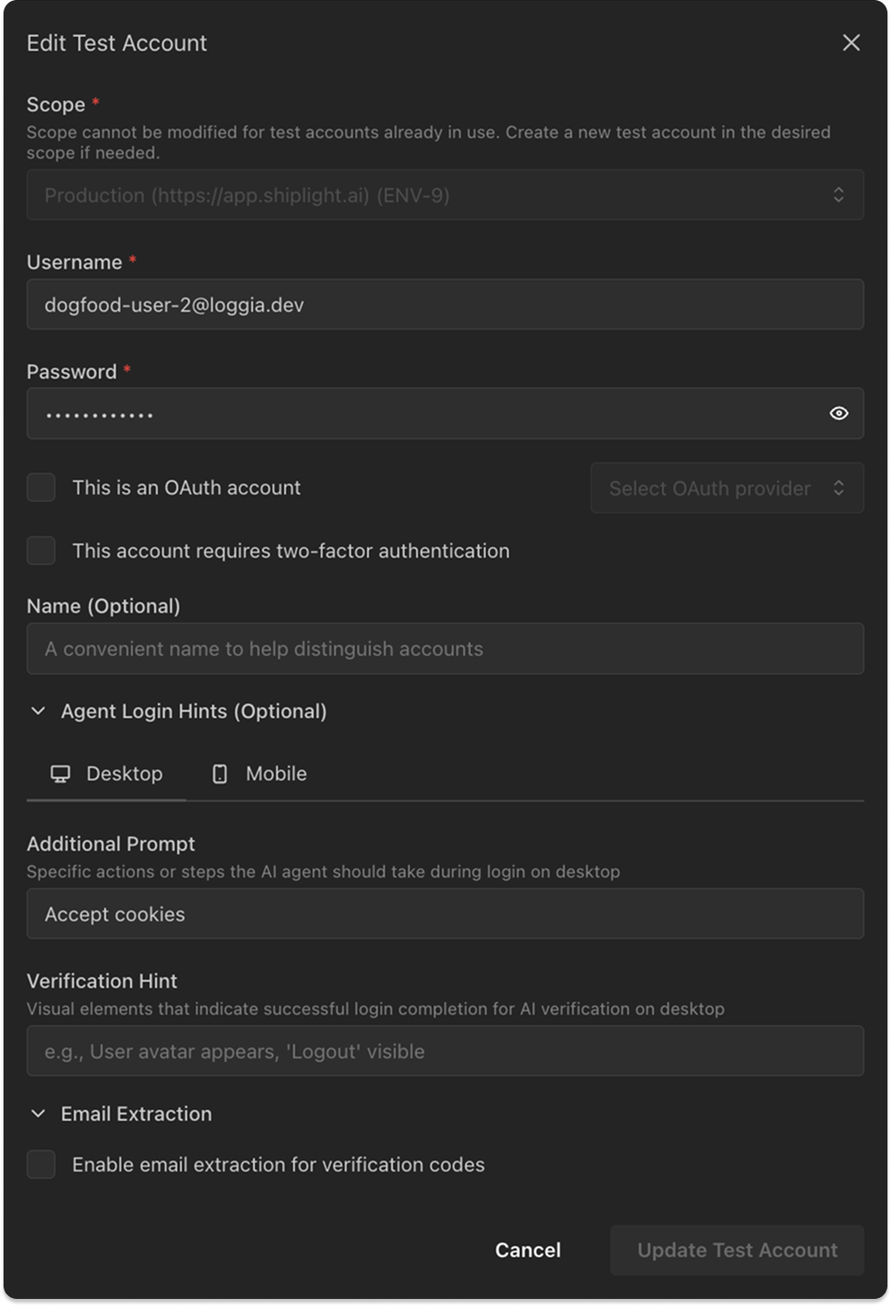 Test Accounts Settings